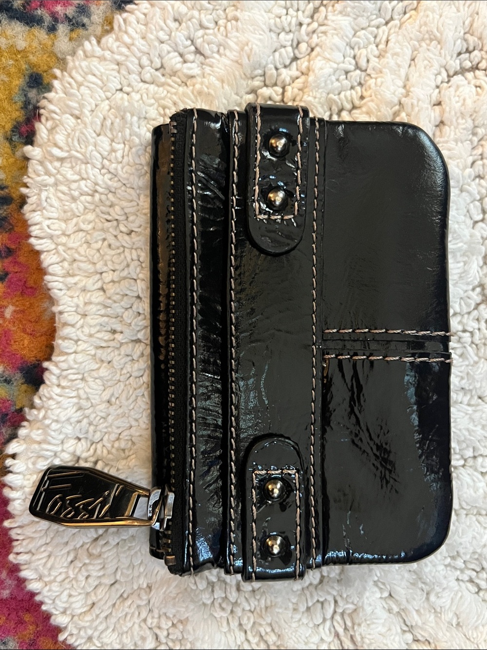 Fossil Small Patent Leather Black Wallet ID Card Holder Coin Zipper Pouch